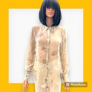 Bebe Sheer Floral Button Up Blouse Green Medium